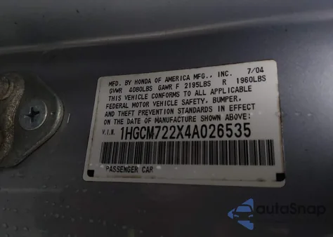 2004 Honda Accord 2.4 Lx из США, поврежденный, VIN 1HGCM722X4A026535